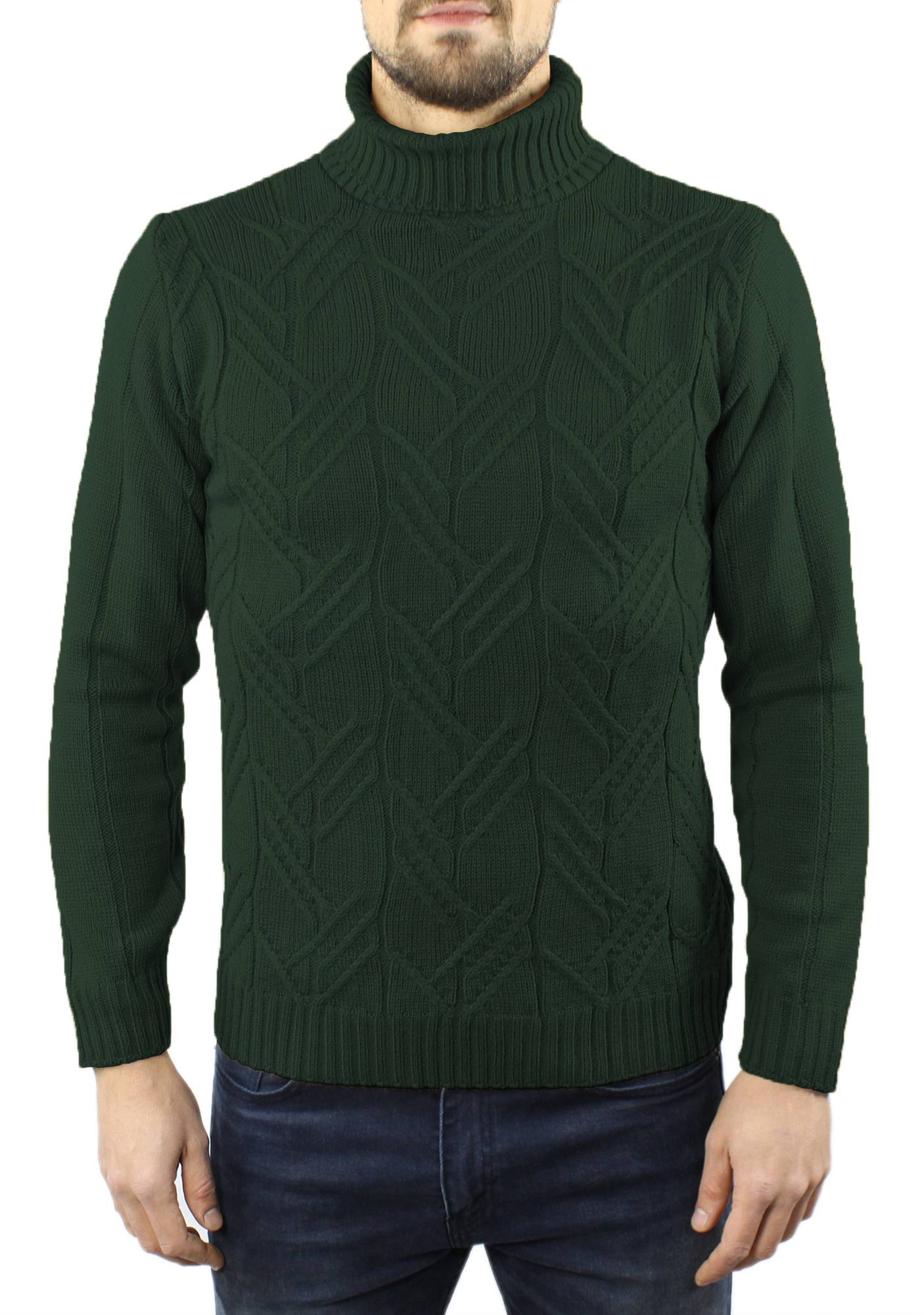 Mens Green Sweater High Collar Wool Heavy Turtleneck Braids jumper ...
