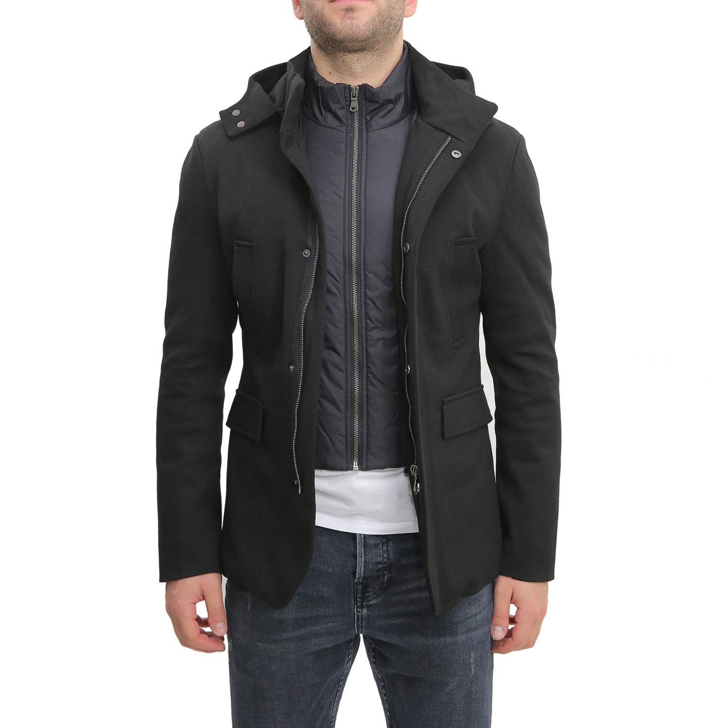 Men Jacket Winter Hooded Black Wool Coat Jacket Slim Coat | eBay