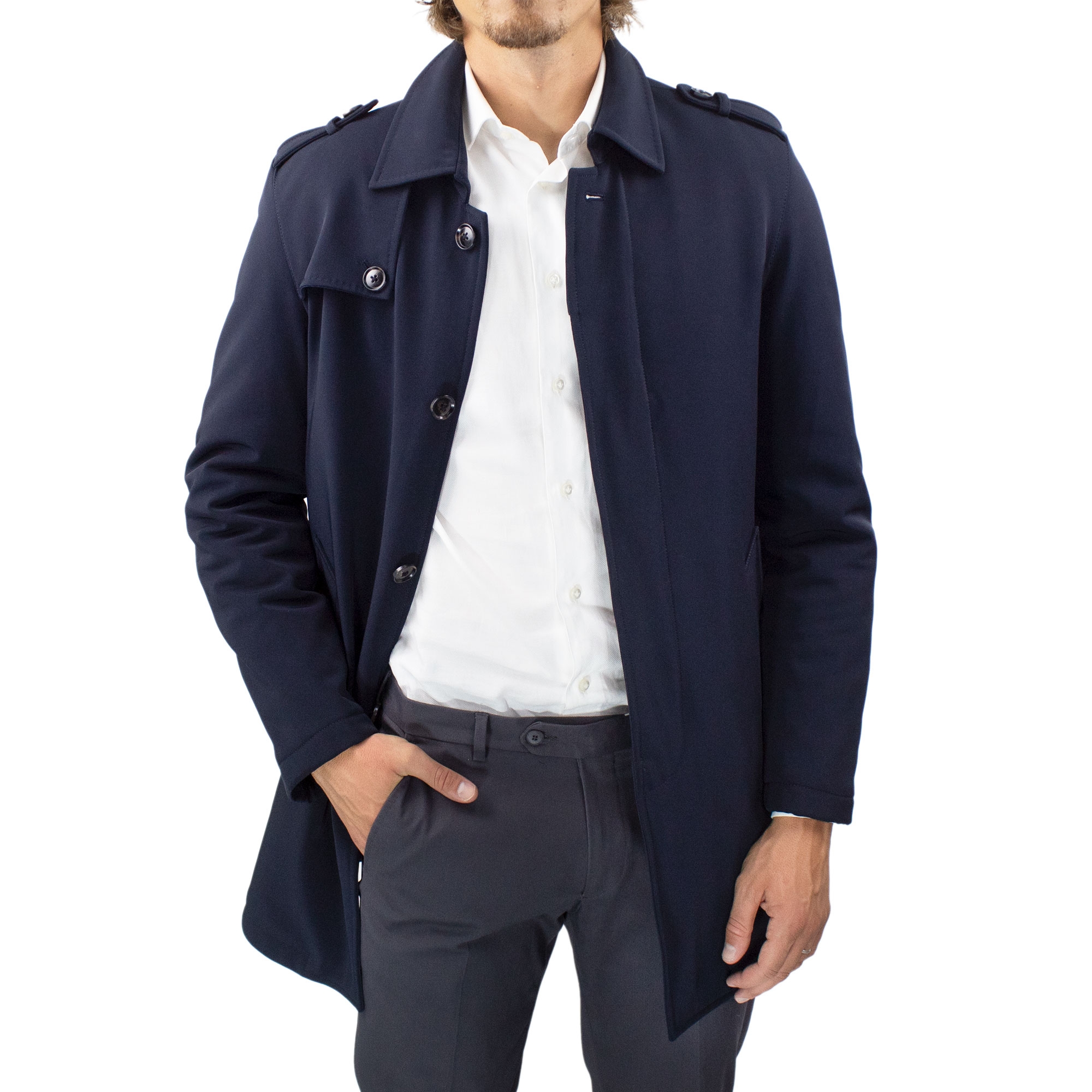 Trench Uomo Invernale Impermeabile Tessuto Tecnico Lungo Blu Soprabito  Elegante