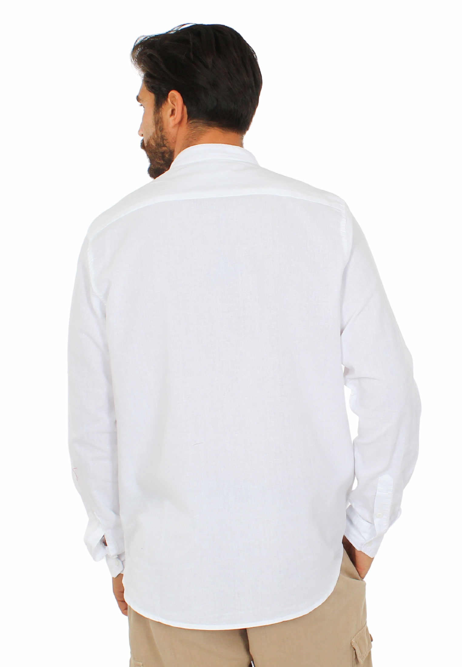 Camicia Uomo Collo Coreana Lino Slim Fit Manica Lunga Estiva Sartoriale Bianco 