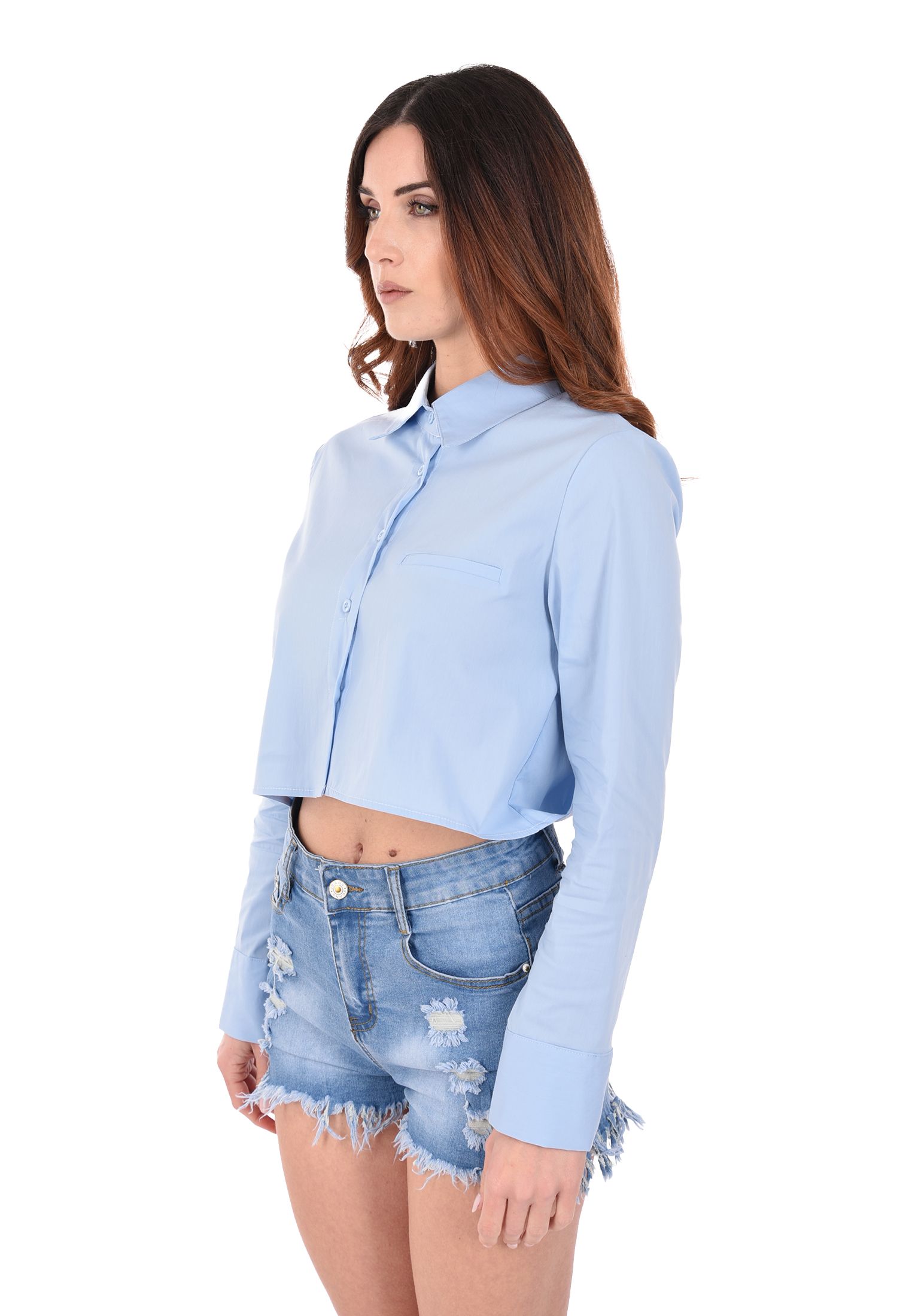 Camicia Donna Manica Lunga Cropped Camicetta Corta Tinta Unita Leggera Crop - Imagen 11 de 17