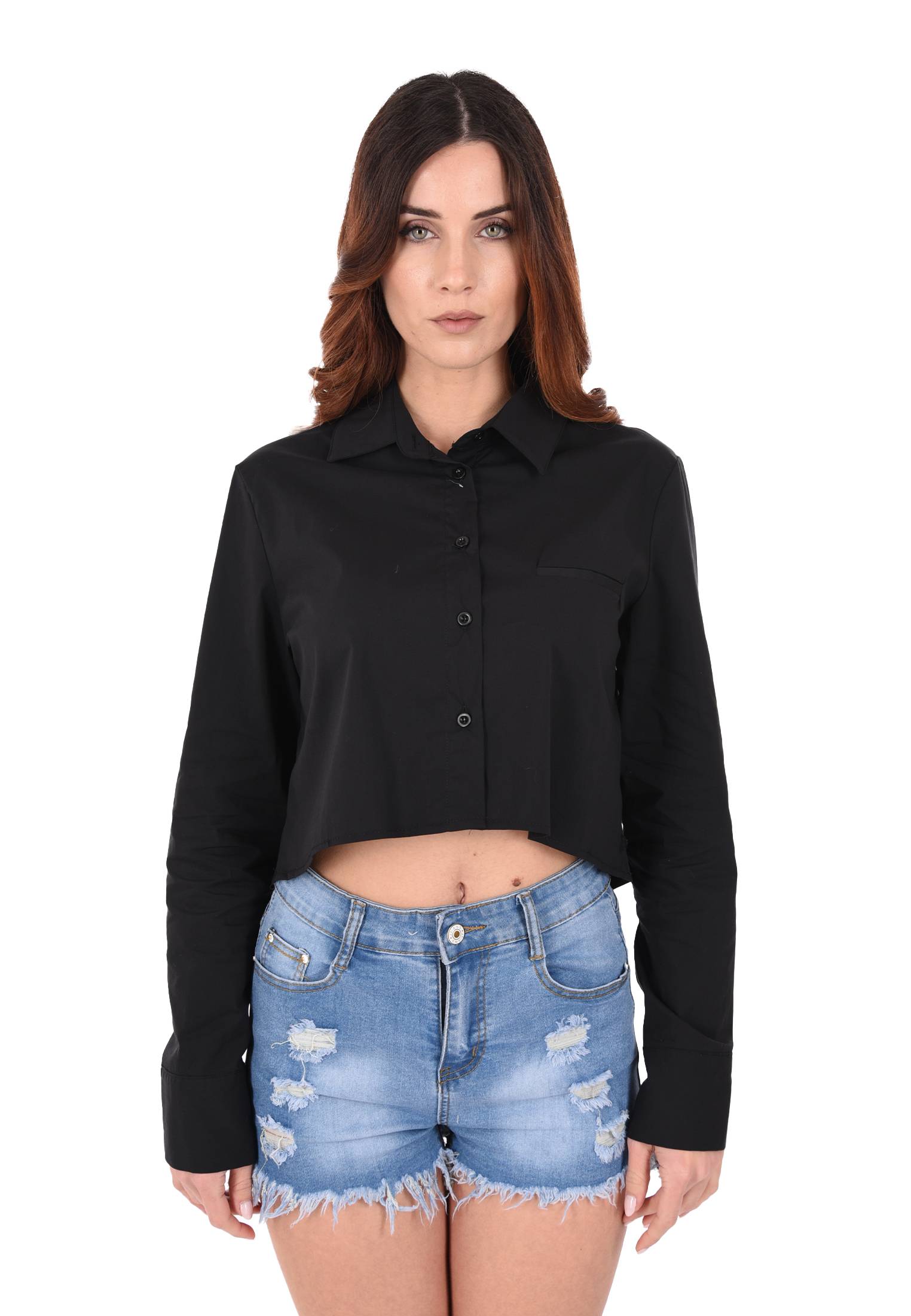 Camicia Donna Manica Lunga Cropped Camicetta Corta Tinta Unita Leggera Crop - Imagen 14 de 17