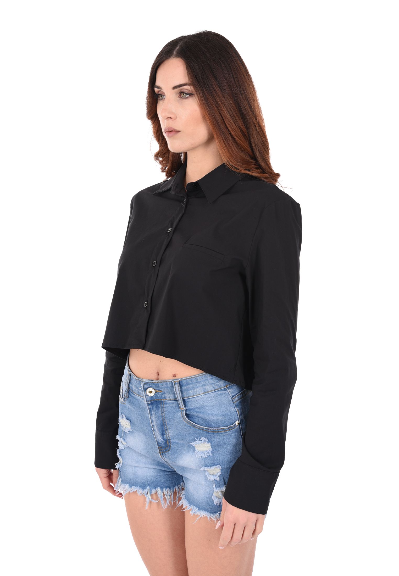 Camicia Donna Manica Lunga Cropped Camicetta Corta Tinta Unita Leggera Crop - Imagen 15 de 17