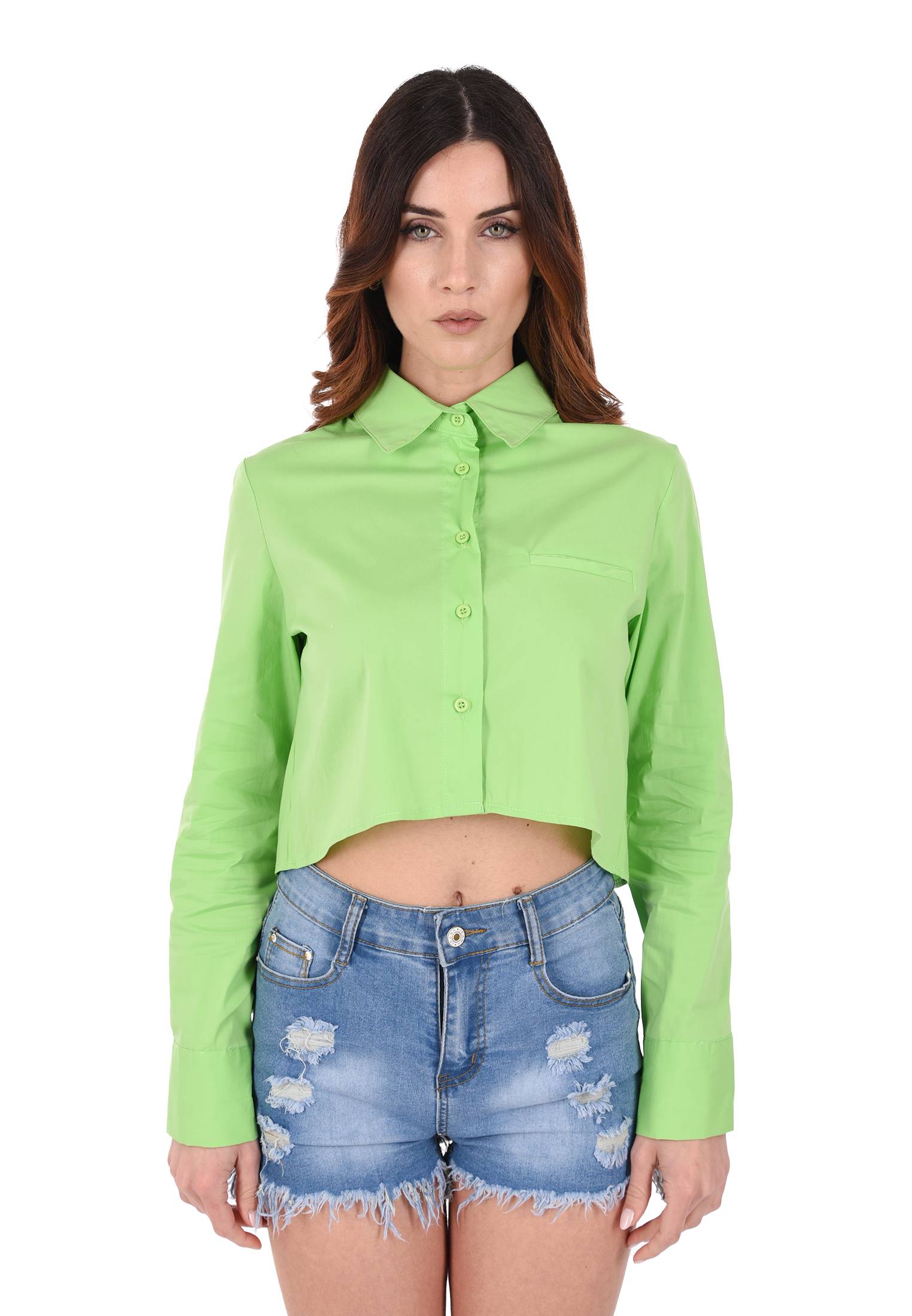 Camicia Donna Manica Lunga Cropped Camicetta Corta Tinta Unita Leggera Crop - Imagen 6 de 17