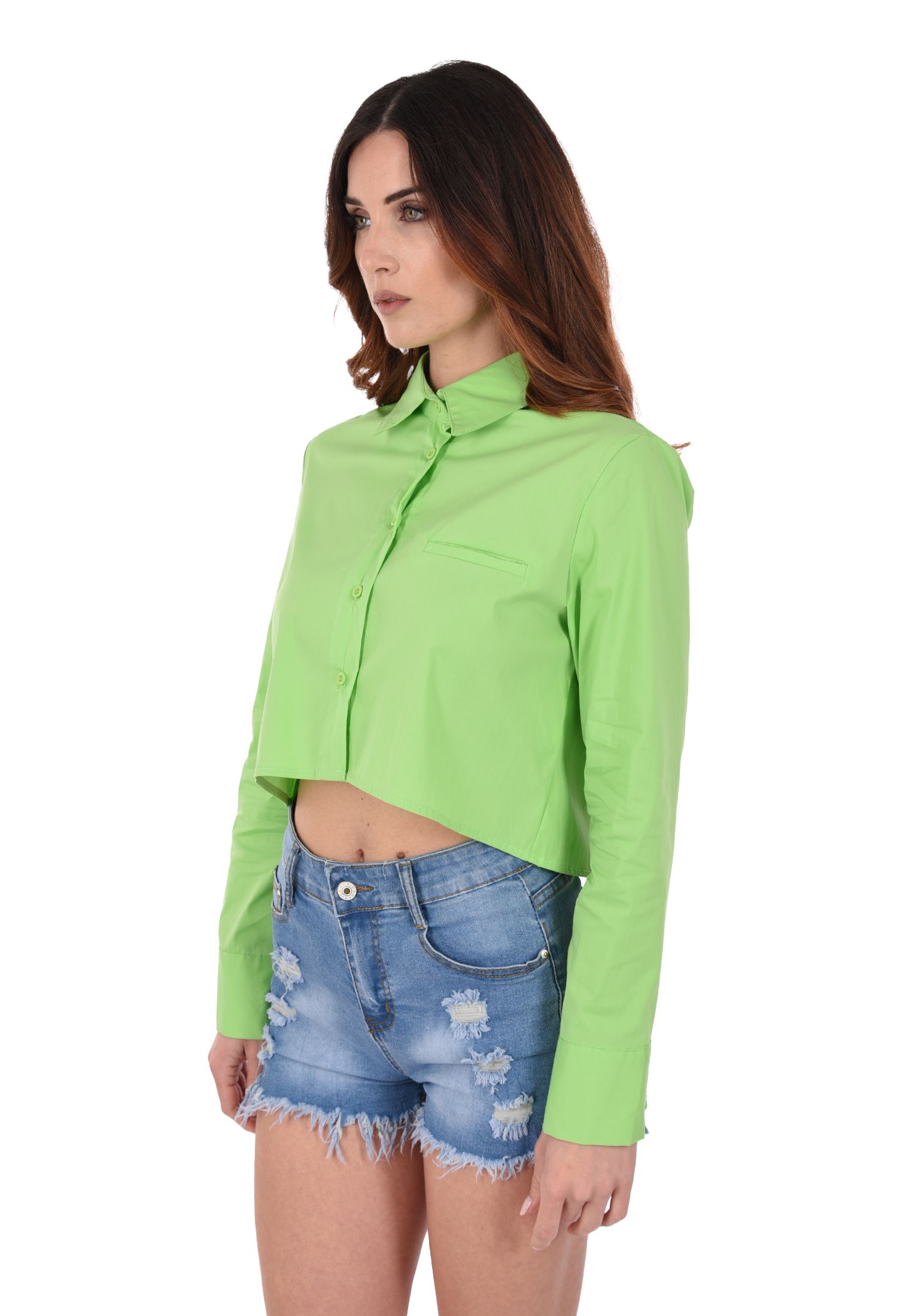 Camicia Donna Manica Lunga Cropped Camicetta Corta Tinta Unita Leggera Crop - Imagen 7 de 17