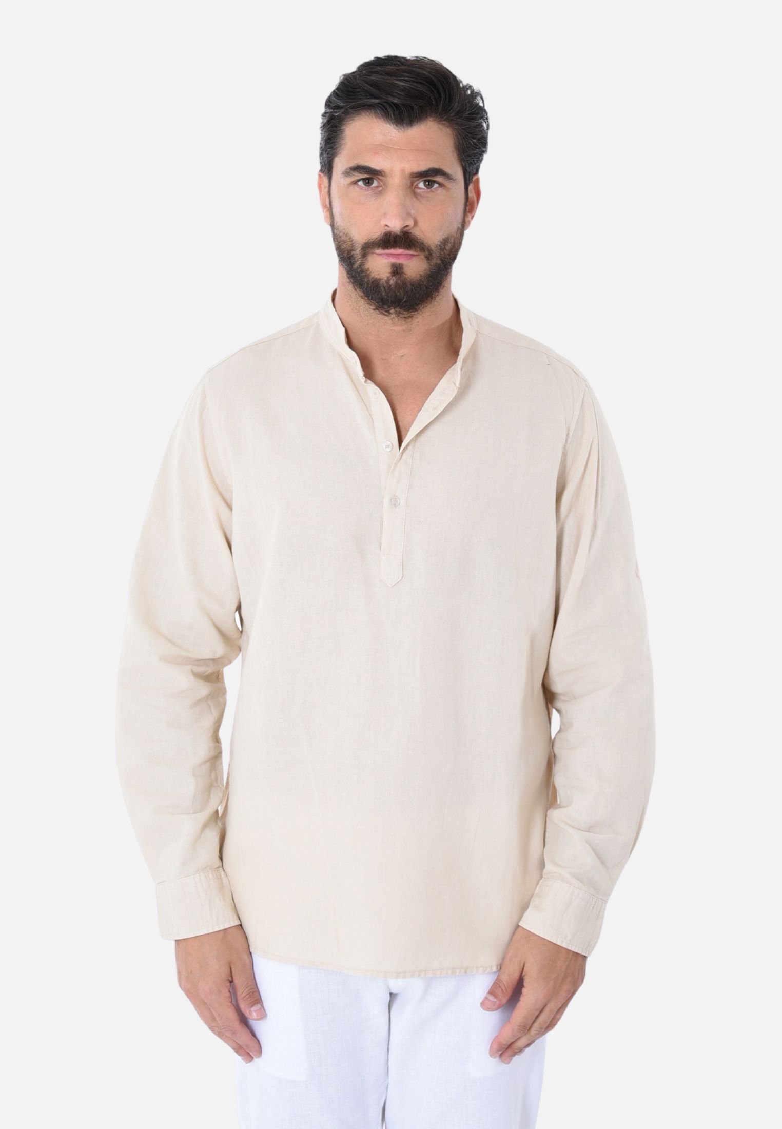 Camicia Uomo Collo Coreana Lino Serafino Slim Manica Lunga Estiva Sartoriale - Imagen 15 de 21
