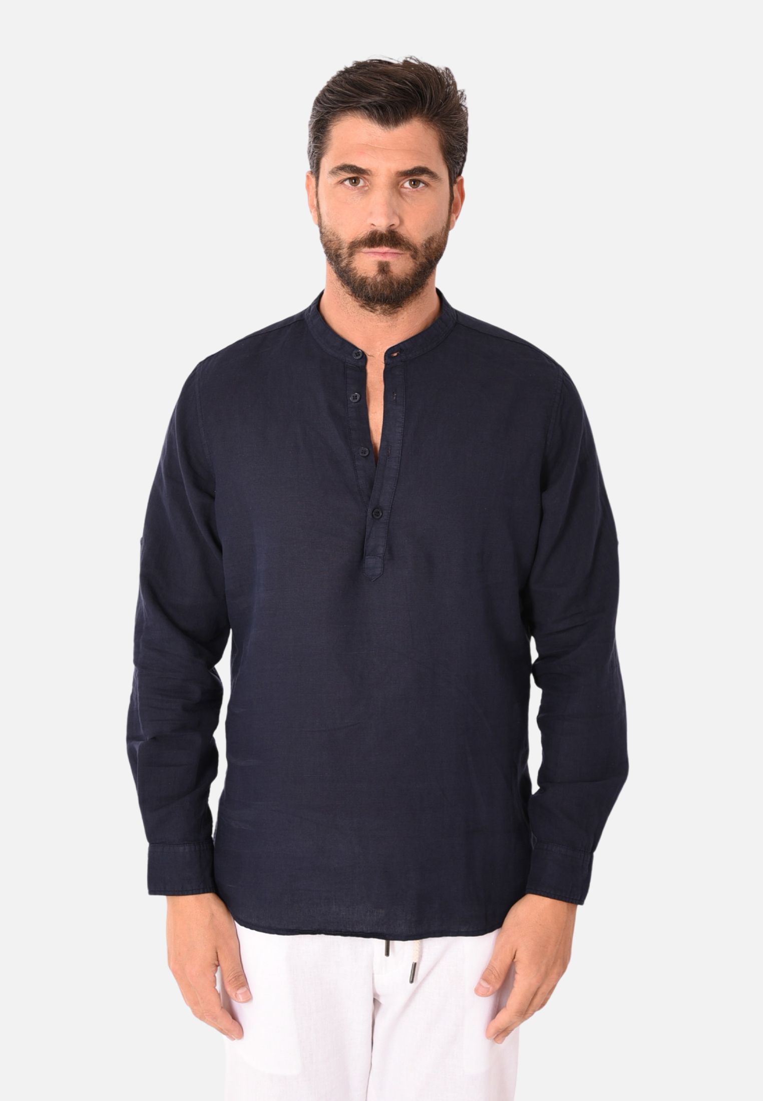 Camicia Uomo Collo Coreana Lino Serafino Slim Manica Lunga Estiva Sartoriale - Imagen 11 de 21