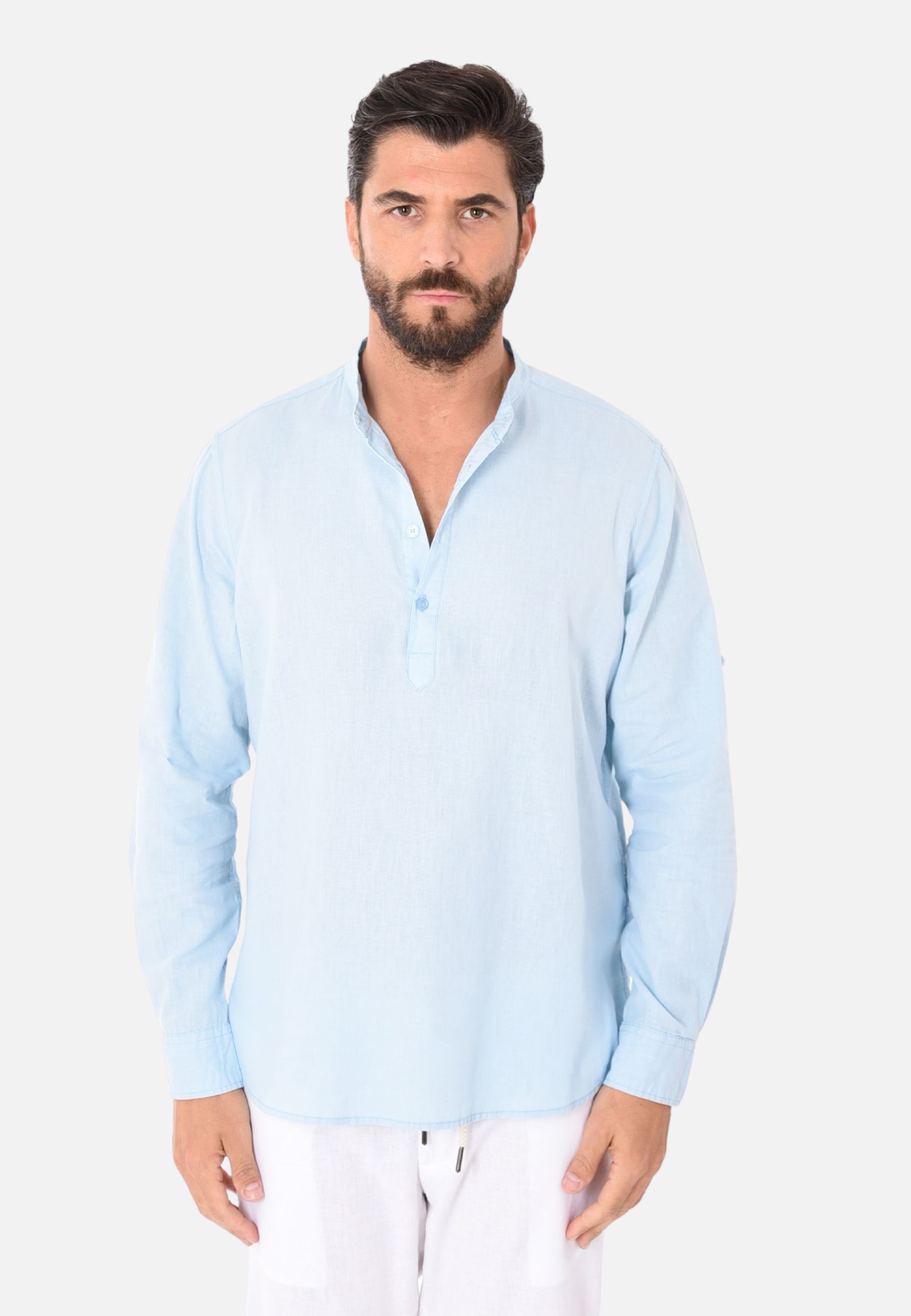 Camicia Uomo Collo Coreana Lino Serafino Slim Manica Lunga Estiva Sartoriale - Imagen 14 de 21