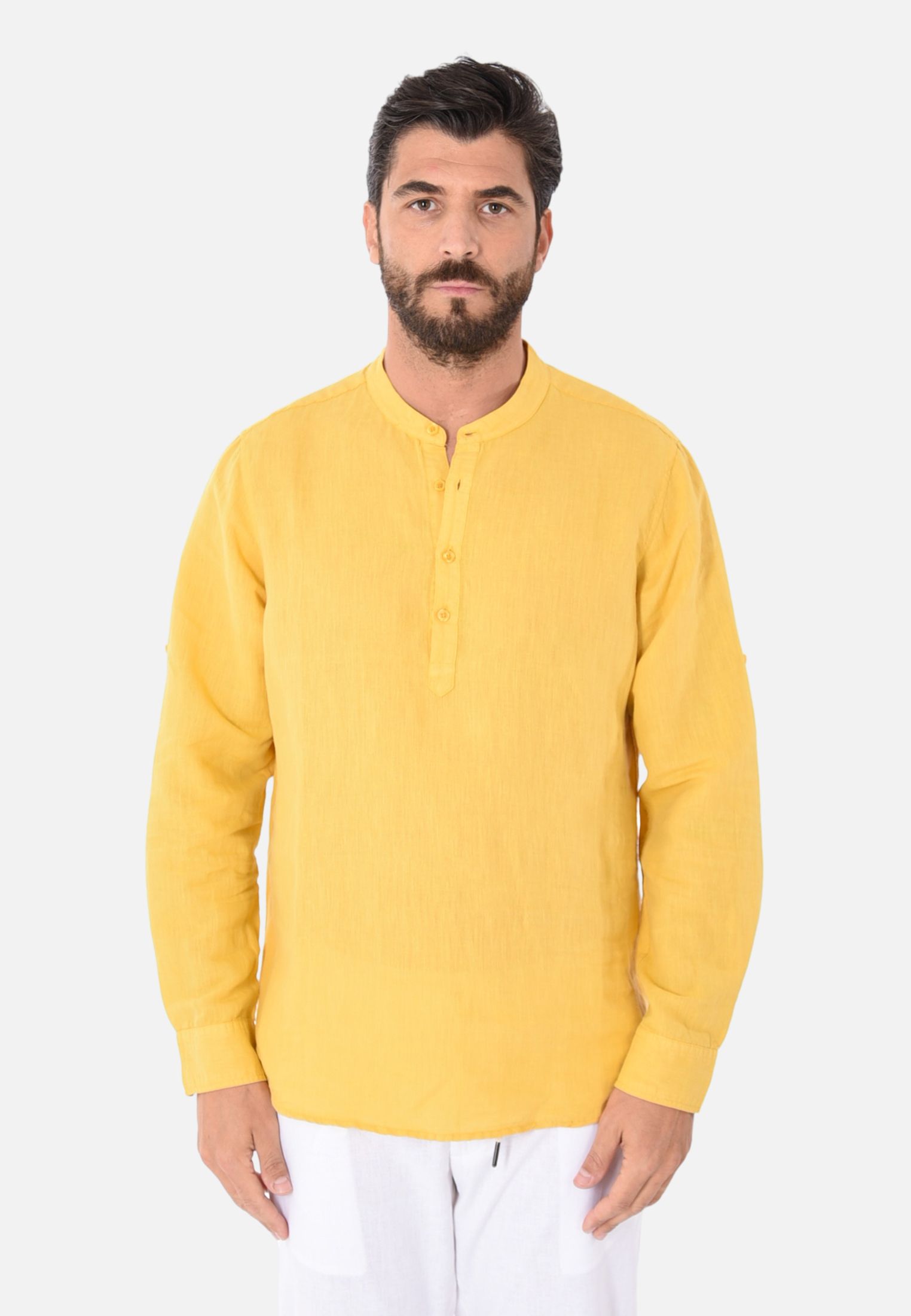 Camicia Uomo Collo Coreana Lino Serafino Slim Manica Lunga Estiva Sartoriale - Imagen 16 de 21