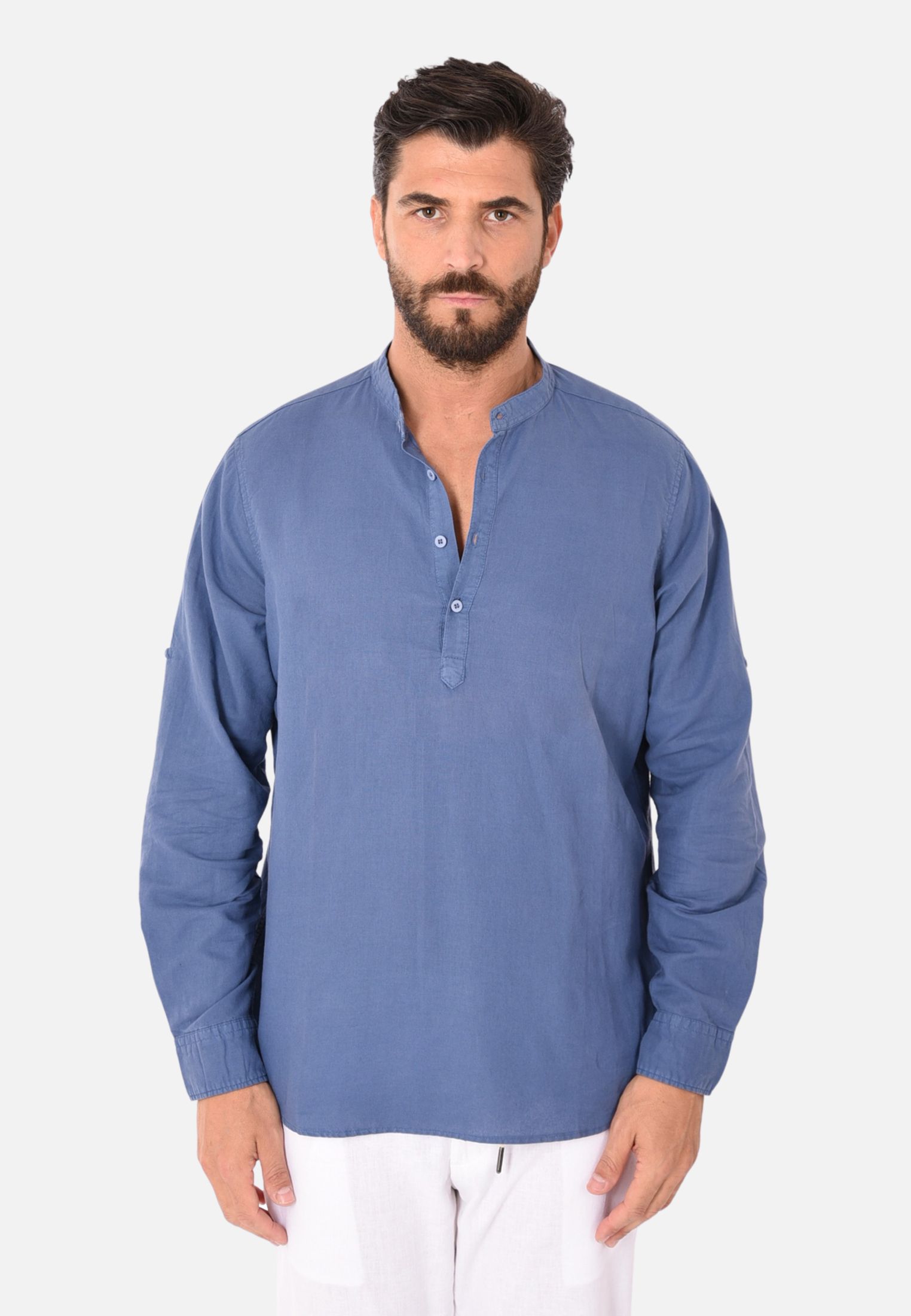Camicia Uomo Collo Coreana Lino Serafino Slim Manica Lunga Estiva Sartoriale - Imagen 19 de 21