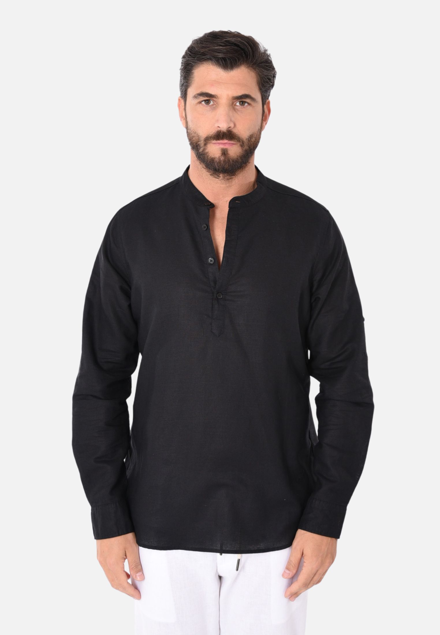 Camicia Uomo Collo Coreana Lino Serafino Slim Manica Lunga Estiva Sartoriale - Imagen 12 de 21