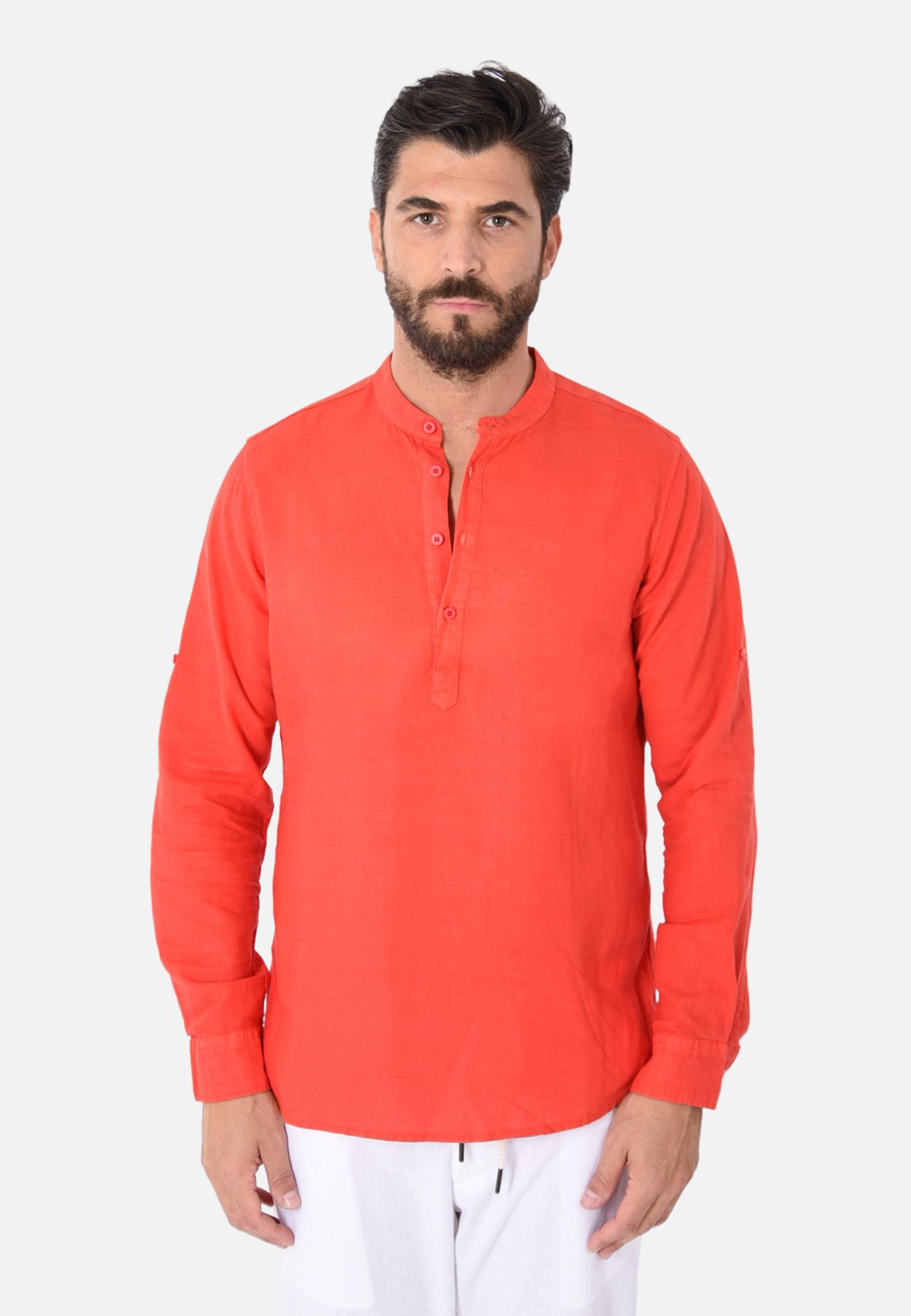 Camicia Uomo Collo Coreana Lino Serafino Slim Manica Lunga Estiva Sartoriale - Imagen 20 de 21