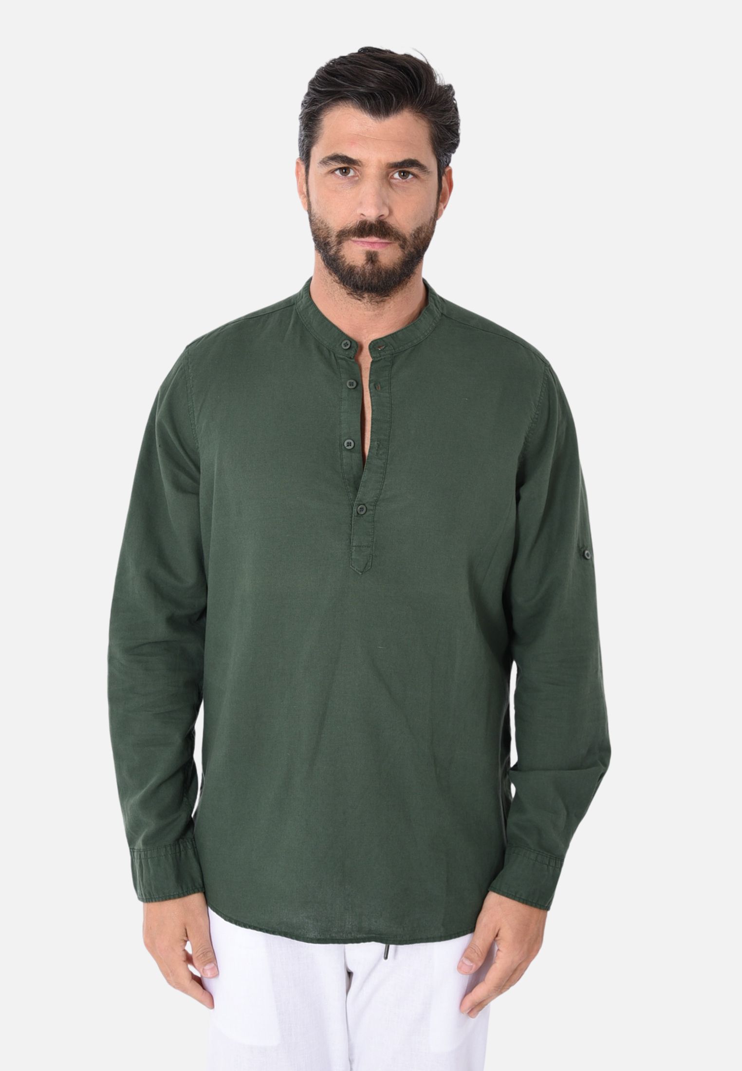 Camicia Uomo Collo Coreana Lino Serafino Slim Manica Lunga Estiva Sartoriale - Imagen 18 de 21
