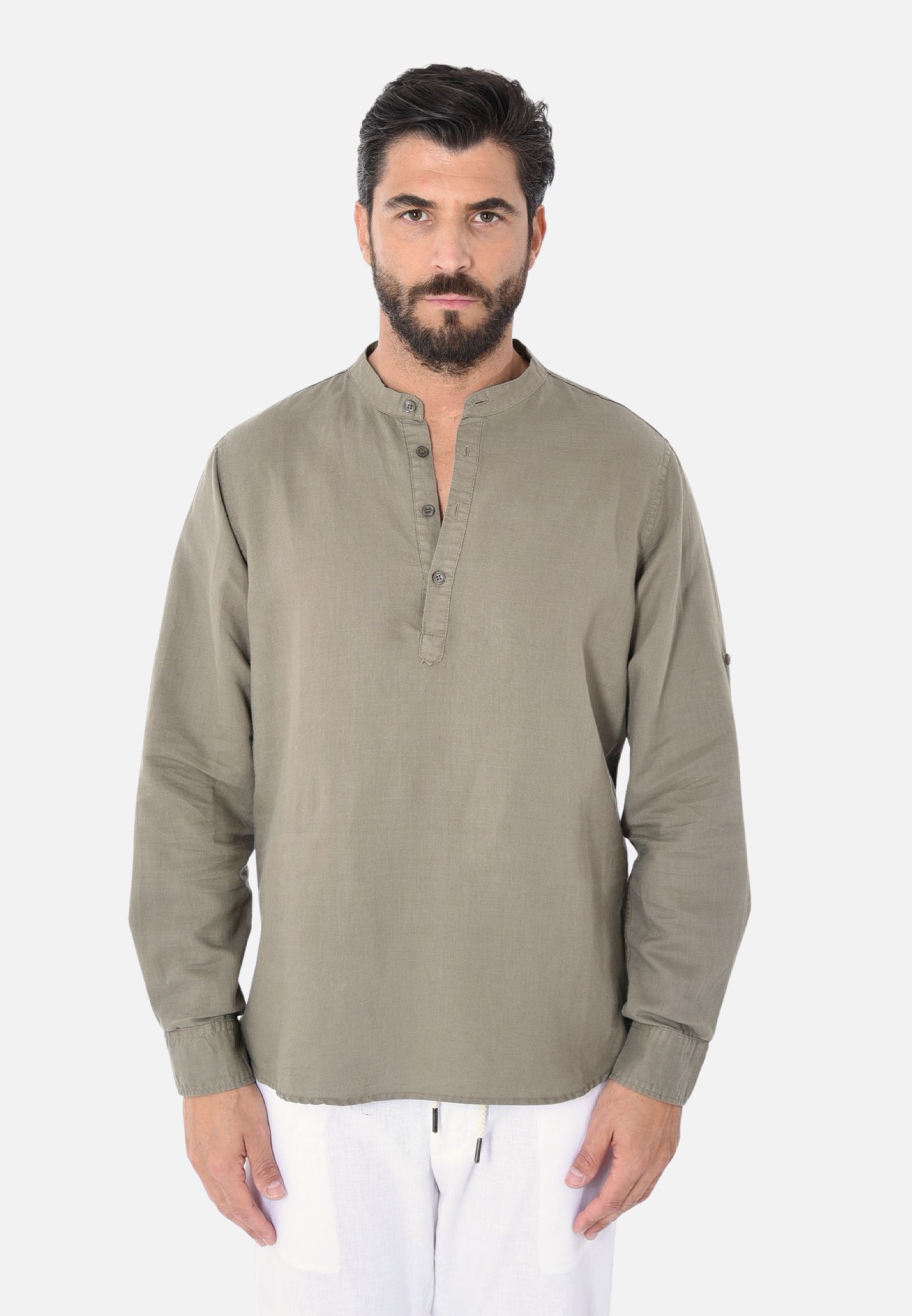 Camicia Uomo Collo Coreana Lino Serafino Slim Manica Lunga Estiva Sartoriale - Imagen 17 de 21