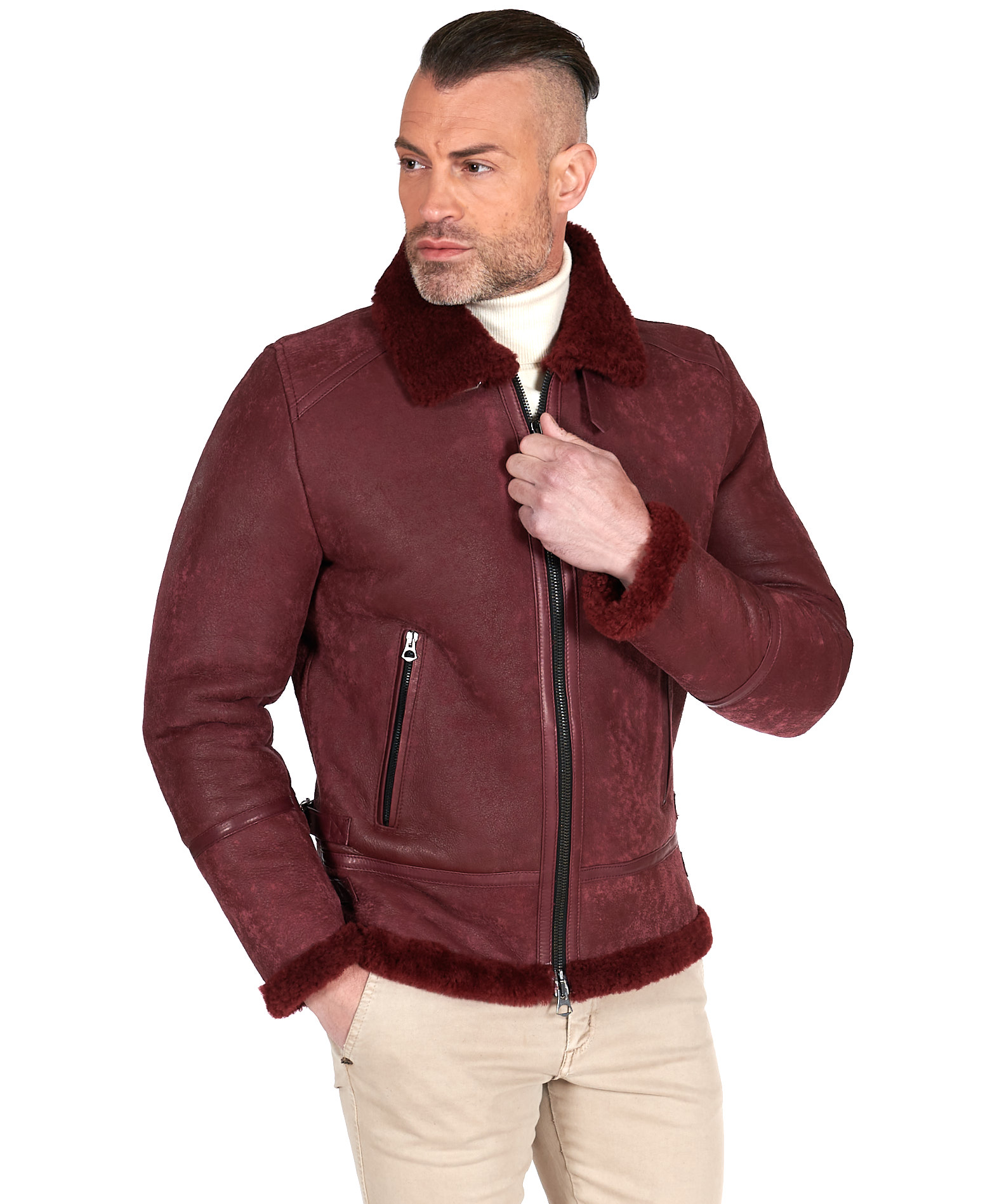 Rosso Bordeaux Uomo Pelle Giacca 100% Originale Morbida D'Agnello Biker  Slim