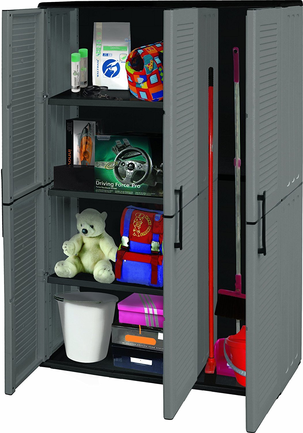 Art Plast Armadio 3 ante da esterno, alto in plastica, tuttopiani e portascope, economico, grigio/nero