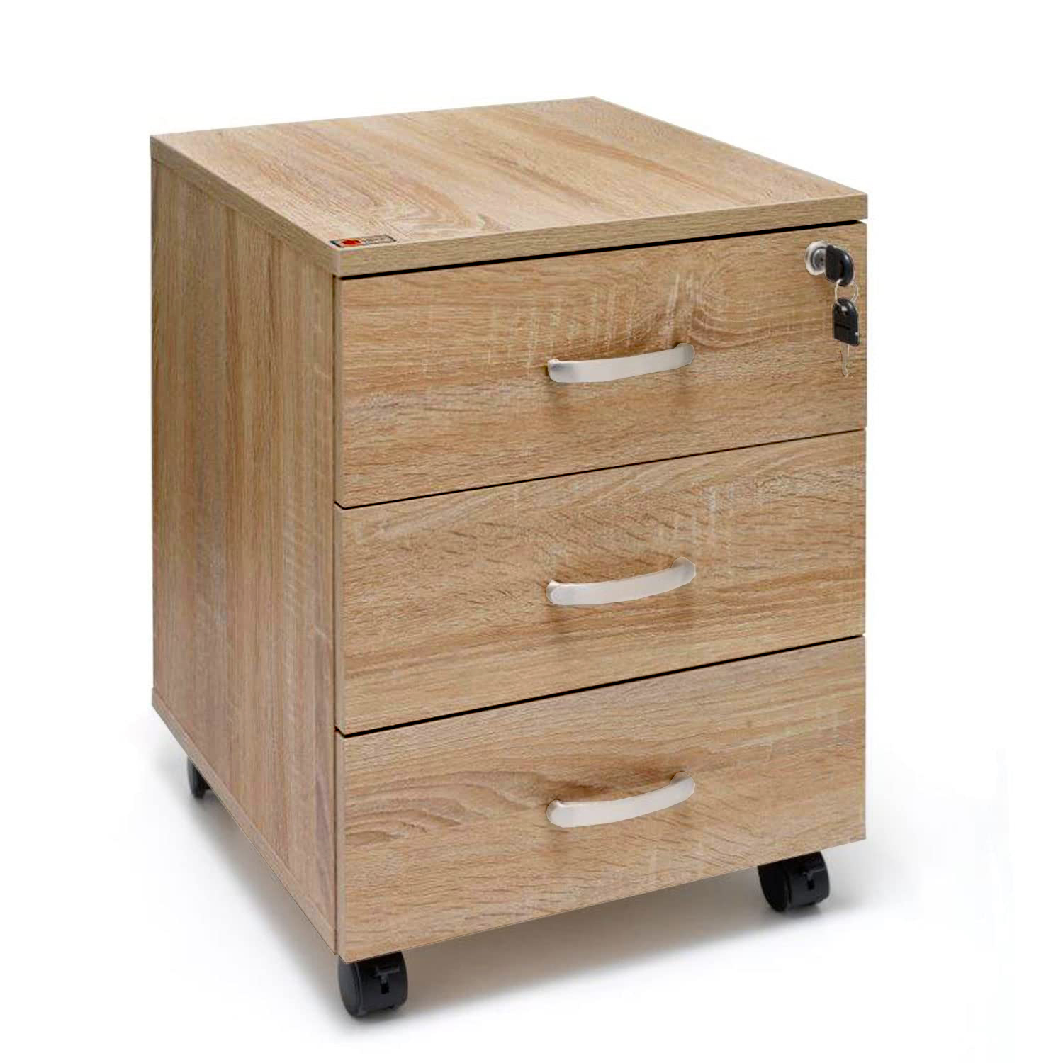 Marvin Cassettiera Ufficio In Legno Chiave Sicurezza Con Ruote Per Scrivania Tavolo 3 Cassetti Ripiani Rovere scuro