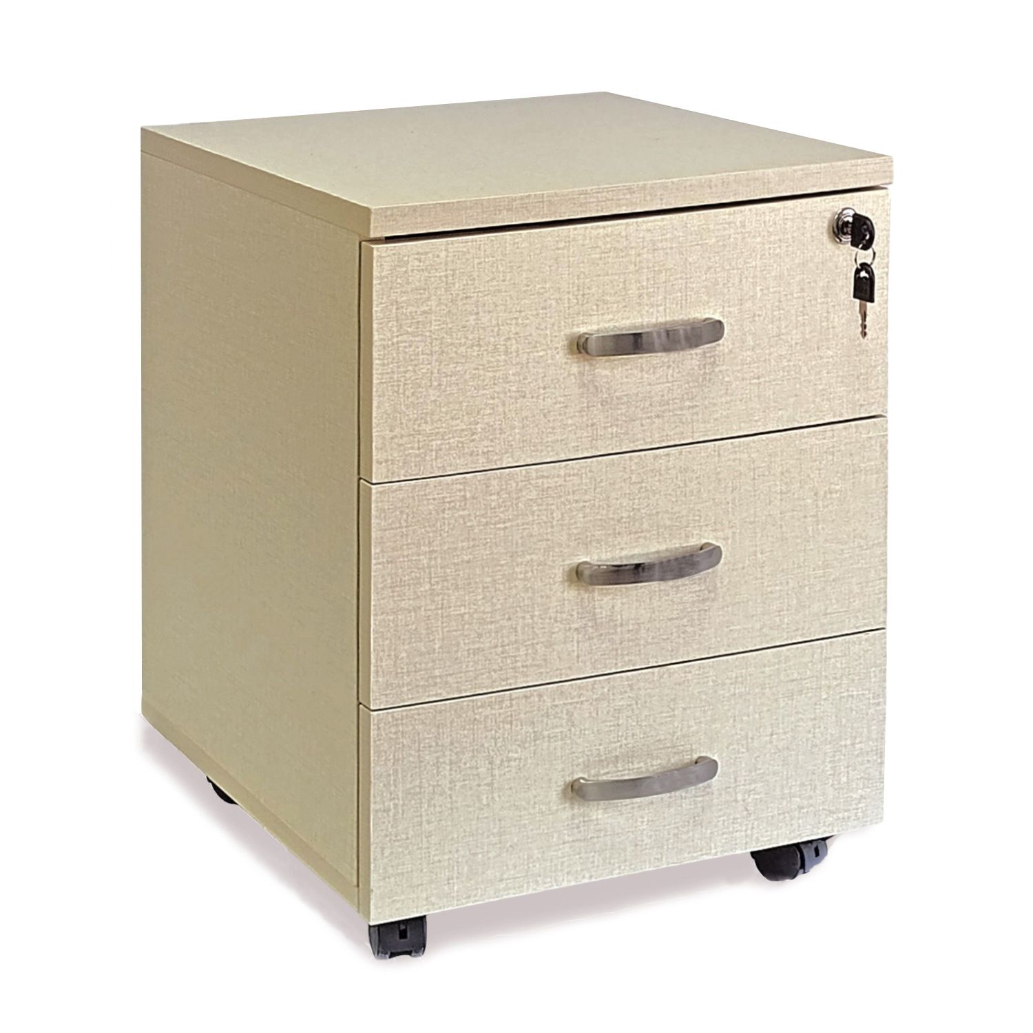 Marvin Cassettiera Ufficio In Legno Chiave Sicurezza Con Ruote Per Scrivania Tavolo 3 Cassetti Ripiani Beige Tramato