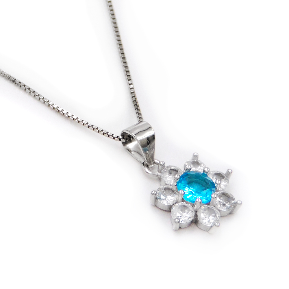 Collana con Ciondolo Fiore in Argento 925 con Pietra Tonda Colorata e Zirconi Bi - Foto 3 di 9