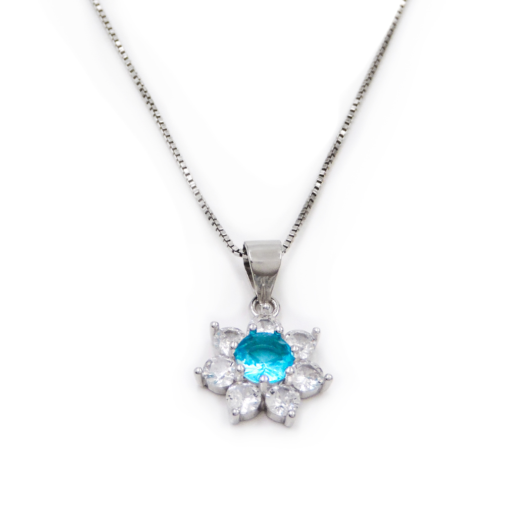 Collana con Ciondolo Fiore in Argento 925 con Pietra Tonda Colorata e Zirconi Bi - Foto 2 di 9