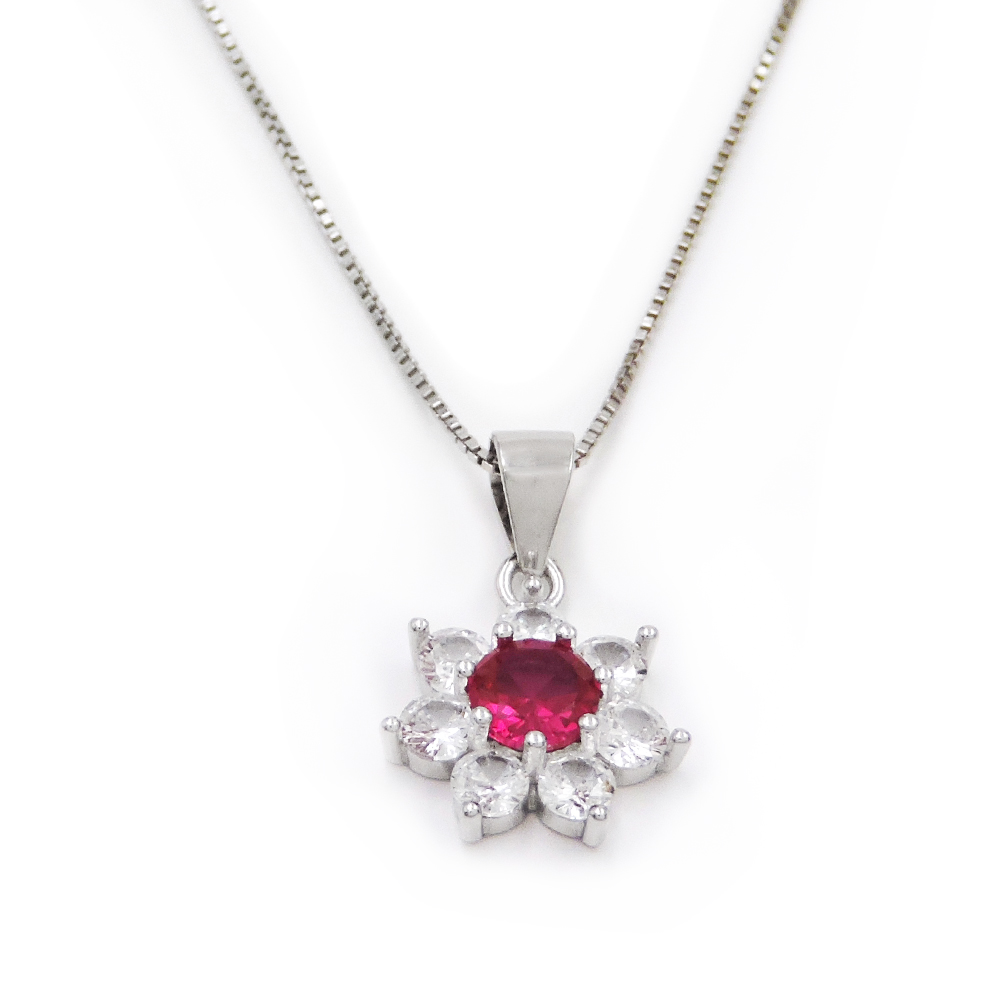 Collana con Ciondolo Fiore in Argento 925 con Pietra Tonda Colorata e Zirconi Bi - Foto 4 di 9