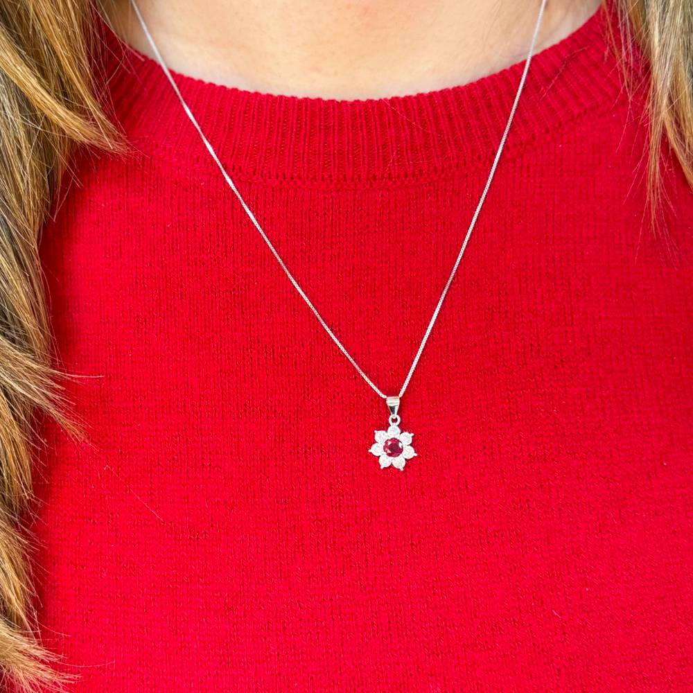Collana con Ciondolo Fiore in Argento 925 con Pietra Tonda Colorata e Zirconi Bi - Foto 5 di 9