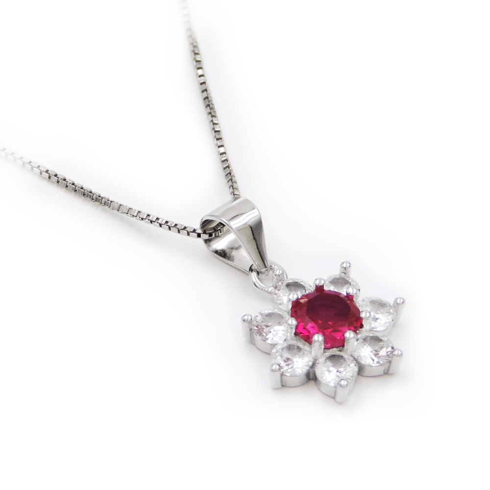 Collana con Ciondolo Fiore in Argento 925 con Pietra Tonda Colorata e Zirconi Bi - Foto 6 di 9