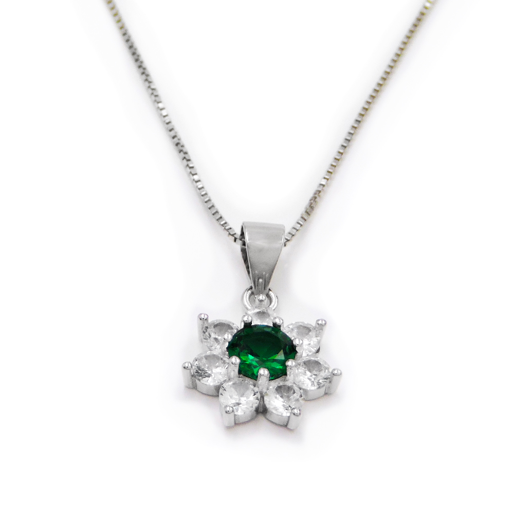 Collana con Ciondolo Fiore in Argento 925 con Pietra Tonda Colorata e Zirconi Bi - Foto 7 di 9