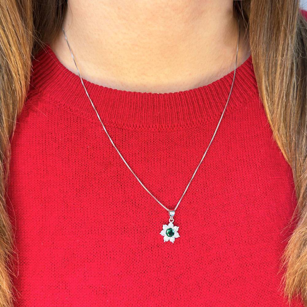 Collana con Ciondolo Fiore in Argento 925 con Pietra Tonda Colorata e Zirconi Bi - Foto 8 di 9
