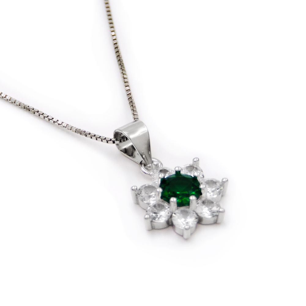 Collana con Ciondolo Fiore in Argento 925 con Pietra Tonda Colorata e Zirconi Bi - Foto 9 di 9