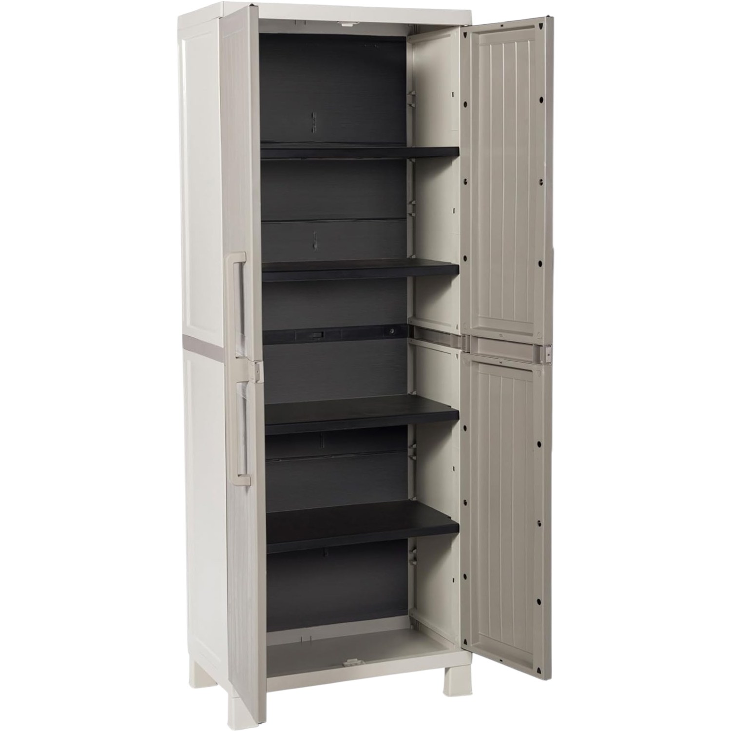 Image of Armadio Wood Midi tuttopiani con 4 Ripiani, in plastica da Interni ed esterni, colore Grigio Tortora/Grigio Chiaro, dime