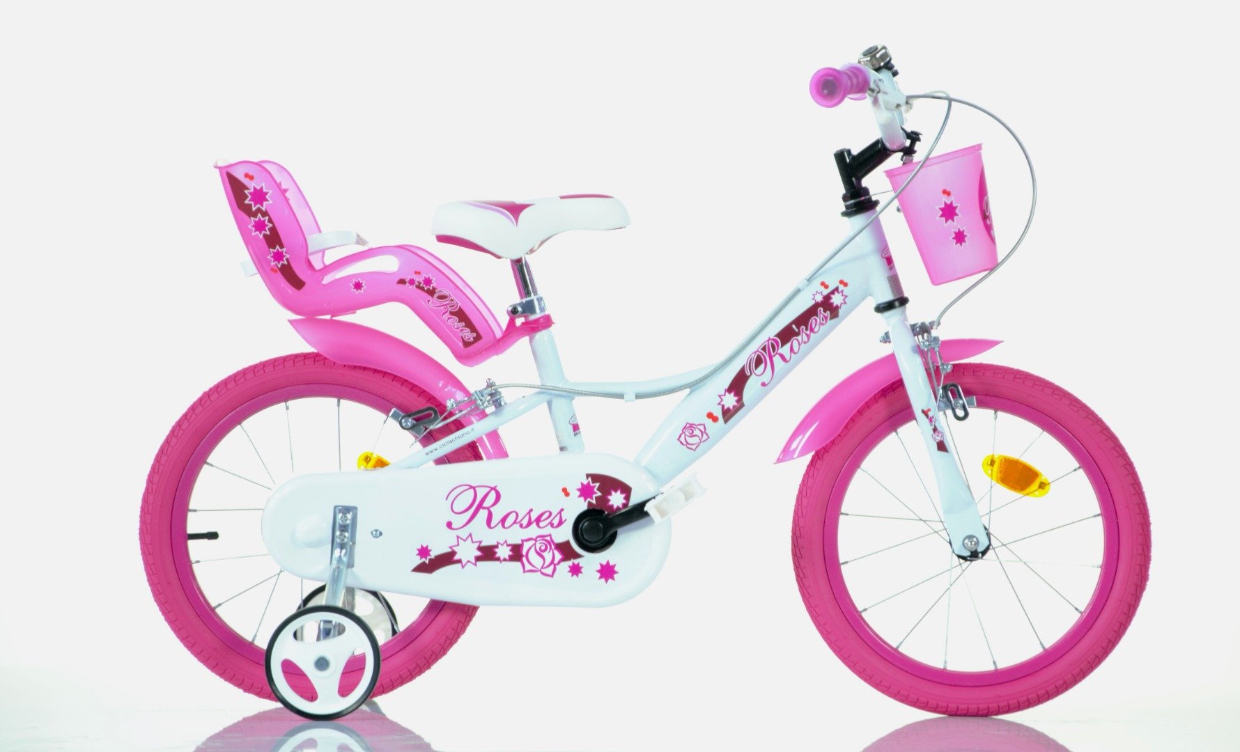 Image of SCH ROSES 16&quot;, bicicletta per bambini, adatta tra i 5 e i 7 anni, per altezza tra 105 e 135 cm, con cestino, campanello